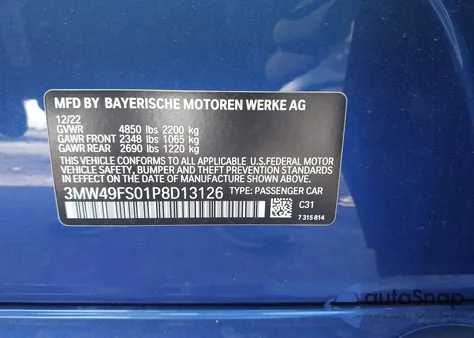 2023 BMW 3 Series M340I из США, поврежденный, VIN 3MW49FS01P8D13126